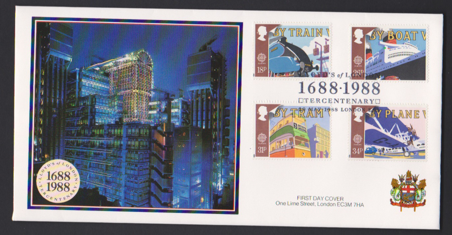 1988- Transport First Day Cover COVERCRAFT Lloyds of London 1688-1988 Postmark