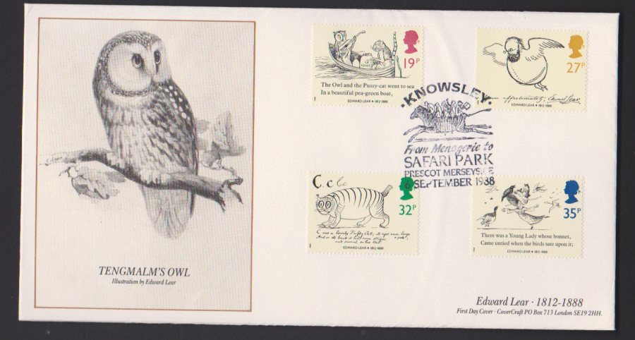 1988- Edward Lear Set First Day Cover COVERCRAFT Knowsley Safari Park Postmark