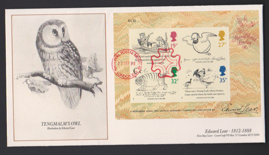 1988- Edward Lear Mini Sheet First Day Cover COVERCRAFT National Postal Museum Postmark