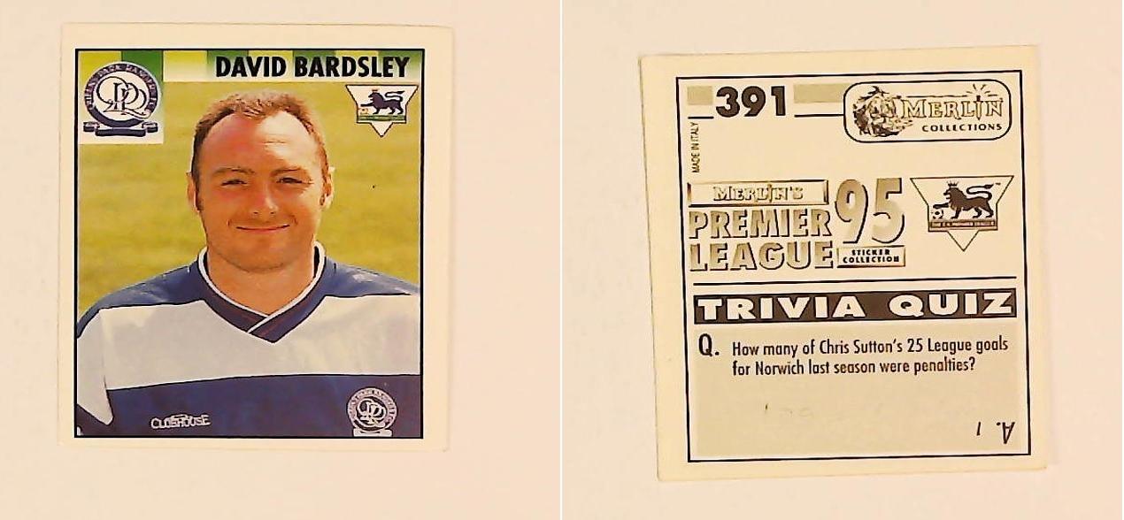 Merlin FA Premier League 95 Sticker No 391. David Bardsley (Queens Park Rangers) Merlin FA Premier League 95 Sticker No 391. David Bardsley (Queens Park Rangers)