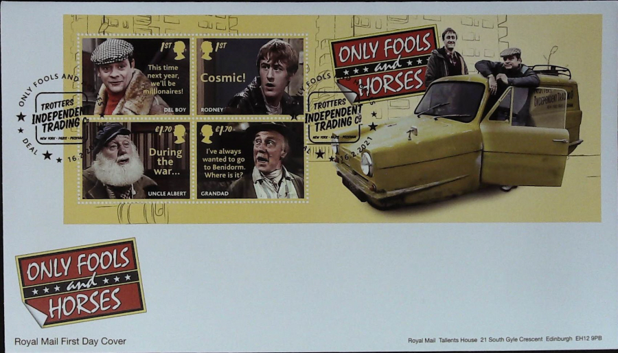 2021 Only Fools & Horses Mini Sheet FDC Royal Mail - Trotters Independent Trading. Deal Postmark