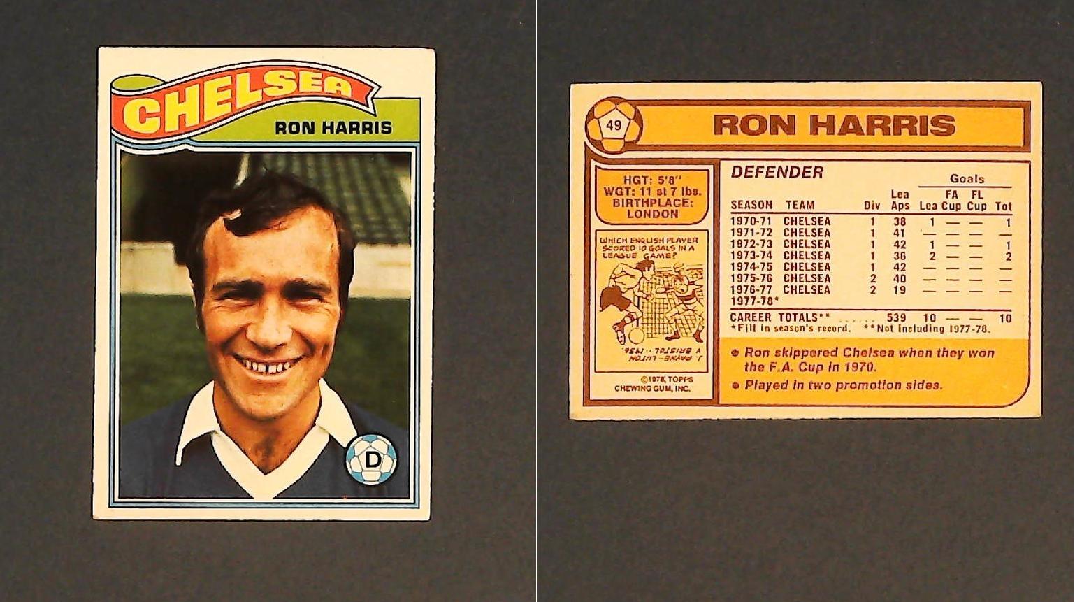 Topps Chewing Gum Orange Back Football Cards - 1978 No. 49 Ron Harris Chelsea Topps Chewing Gum Orange Back Football Cards - 1978 No. 49 Ron Harris Chelsea