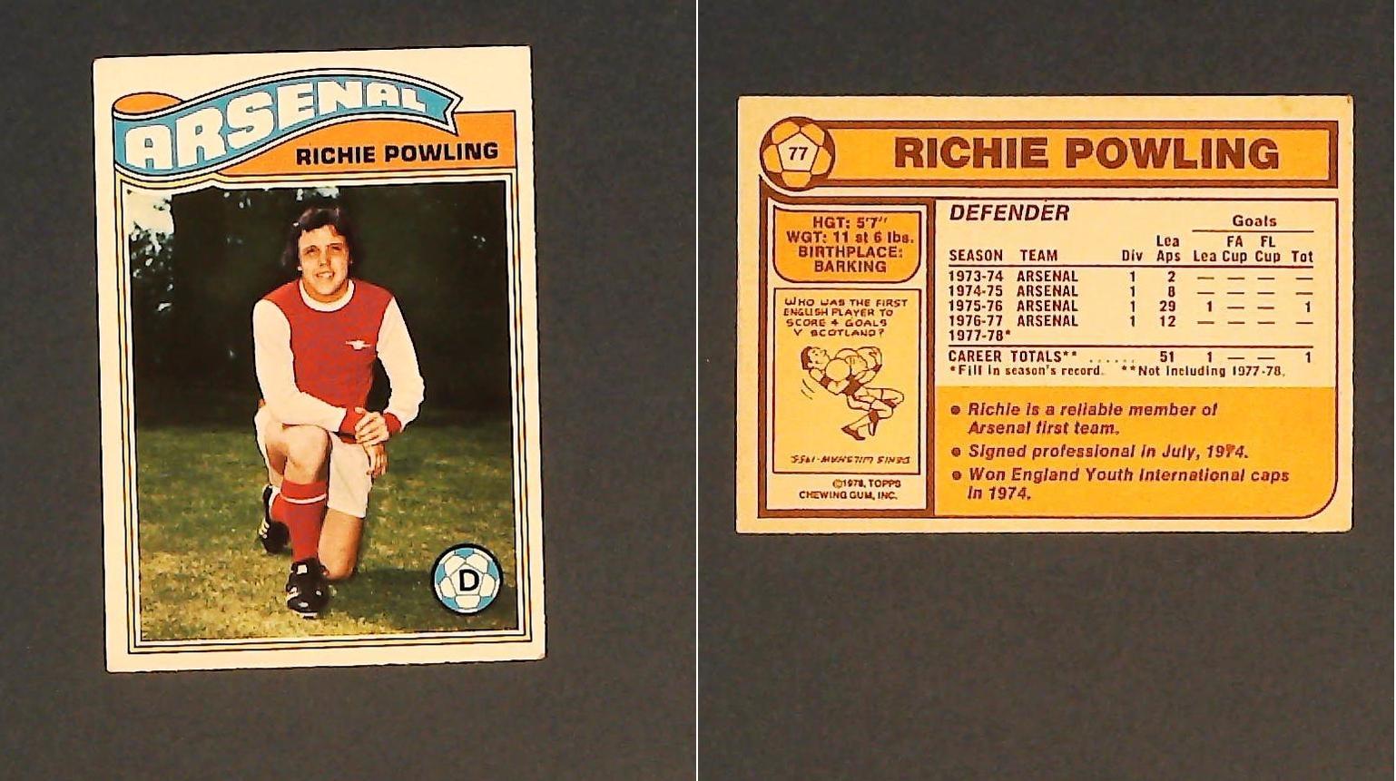 Topps Chewing Gum Orange Back Football Cards - 1978 No..77 Ritchie Powling Arsenal Topps Chewing Gum Orange Back Football Cards - 1978 No..77 Ritchie Powling Arsenal