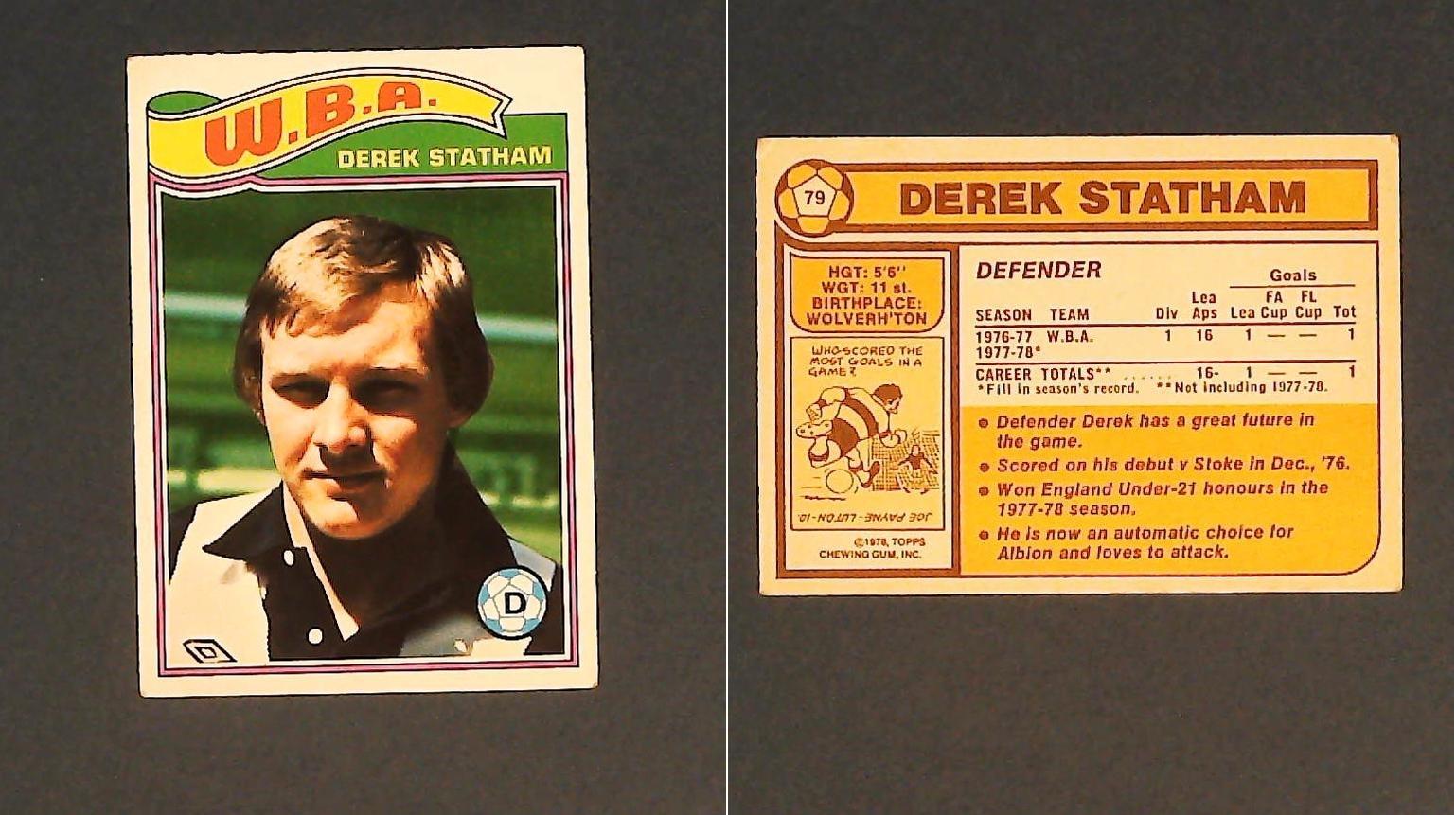 Topps Chewing Gum Orange Back Football Cards - 1978 No..79 Derek Statham West Bromwich Albion Topps Chewing Gum Orange Back Football Cards - 1978 No..79 Derek Statham West Bromwich Albion