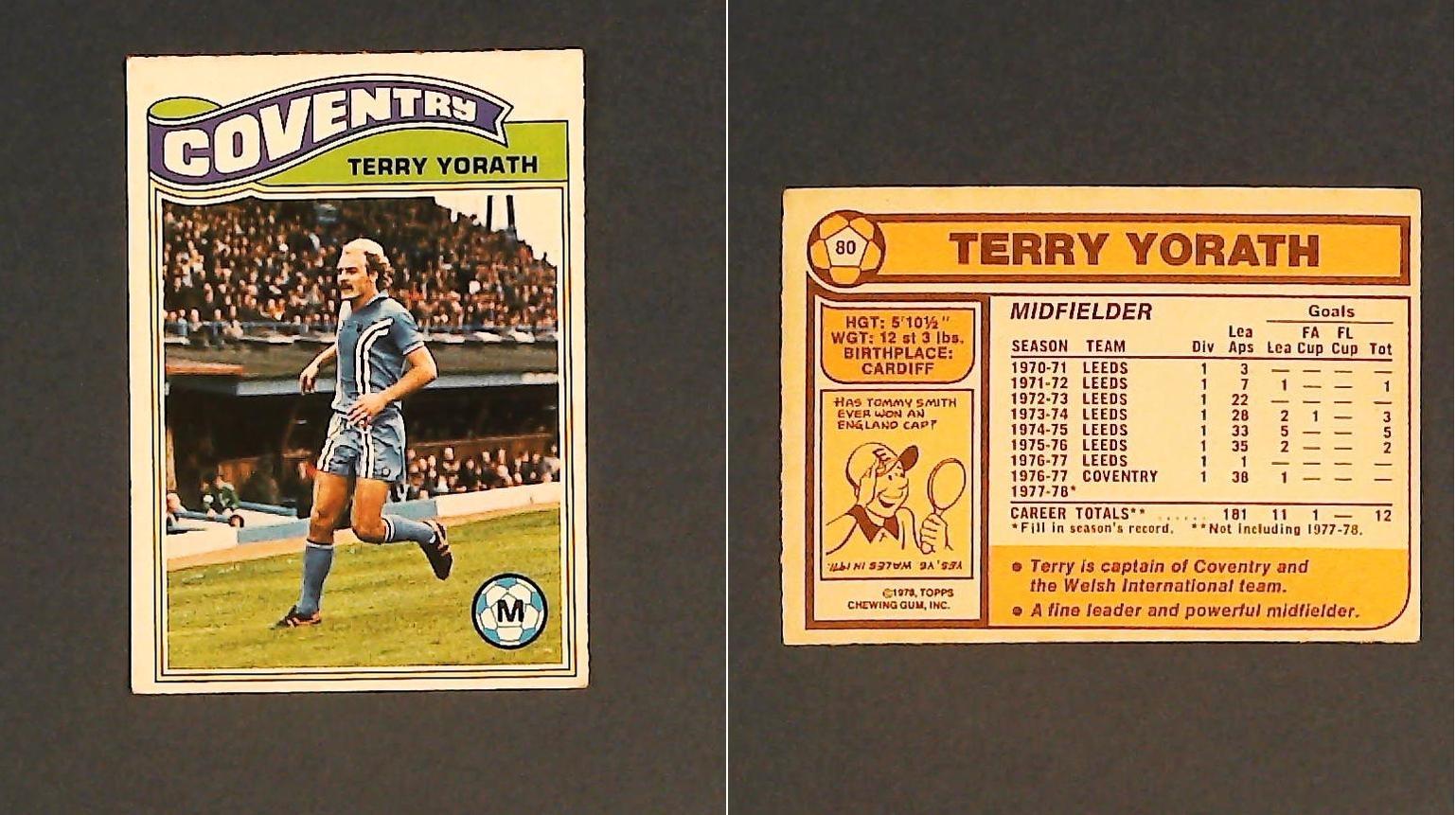 Topps Chewing Gum Orange Back Football Cards - 1978 No..80 Terry Yorath Coventry City Topps Chewing Gum Orange Back Football Cards - 1978 No..80 Terry Yorath Coventry City