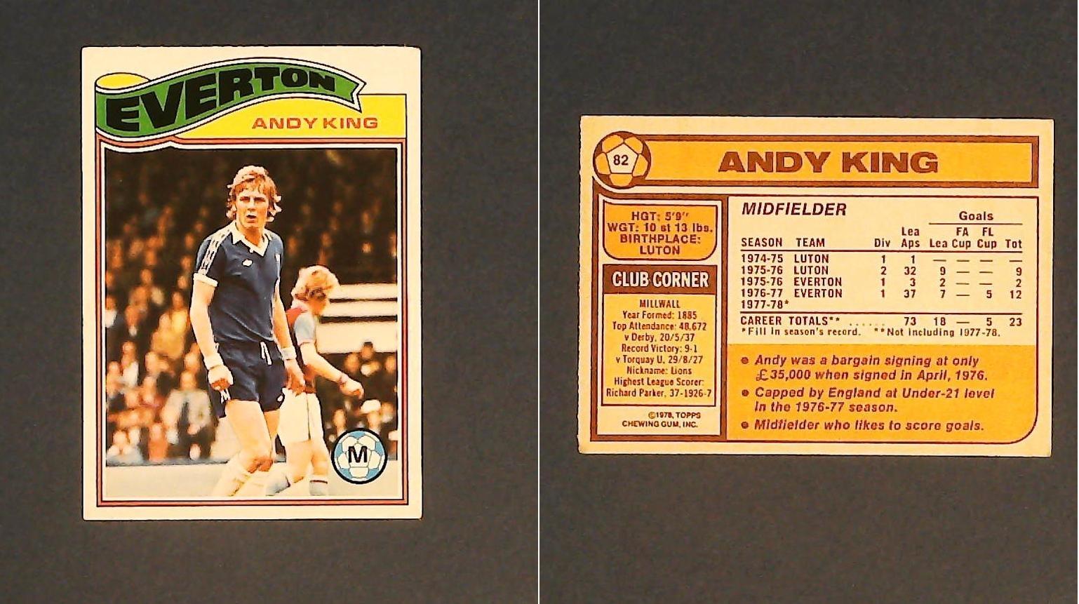 Topps Chewing Gum Orange Back Football Cards - 1978 No.82 Andy King Everton Topps Chewing Gum Orange Back Football Cards - 1978 No.82 Andy King Everton