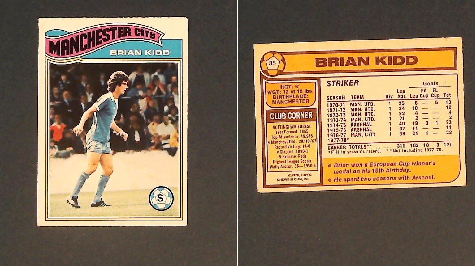 Topps Chewing Gum Orange Back Football Cards - 1978 No..85 Brian Kidd Manchester City Topps Chewing Gum Orange Back Football Cards - 1978 No..85 Brian Kidd Manchester City