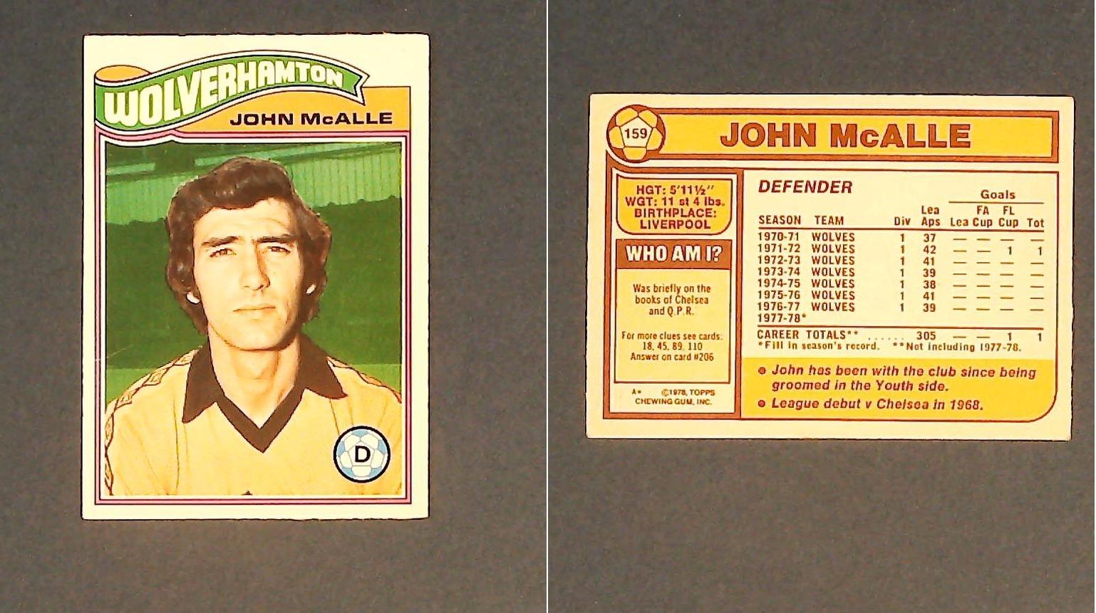 Topps Chewing Gum Orange Back Football Cards - 1978 No 159 John McAlle Wolverhampton Wanderers Topps Chewing Gum Orange Back Football Cards - 1978 No 159 John McAlle Wolverhampton Wanderers
