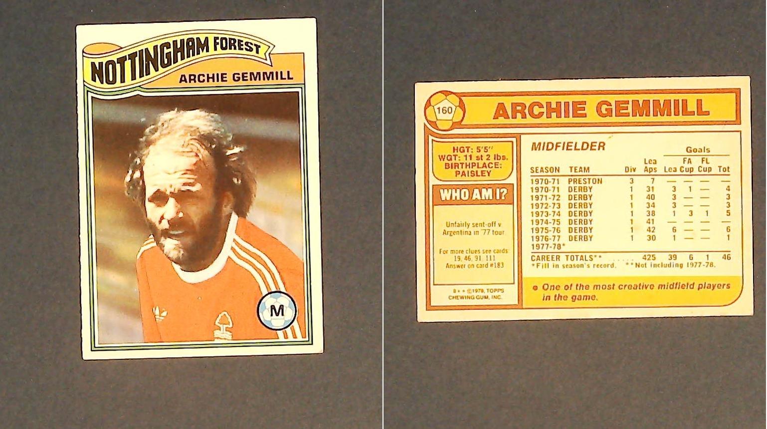Topps Chewing Gum Orange Back Football Cards - 1978 No 160 Archie Gemmill Nottingham Forest Topps Chewing Gum Orange Back Football Cards - 1978 No 160 Archie Gemmill Nottingham Forest