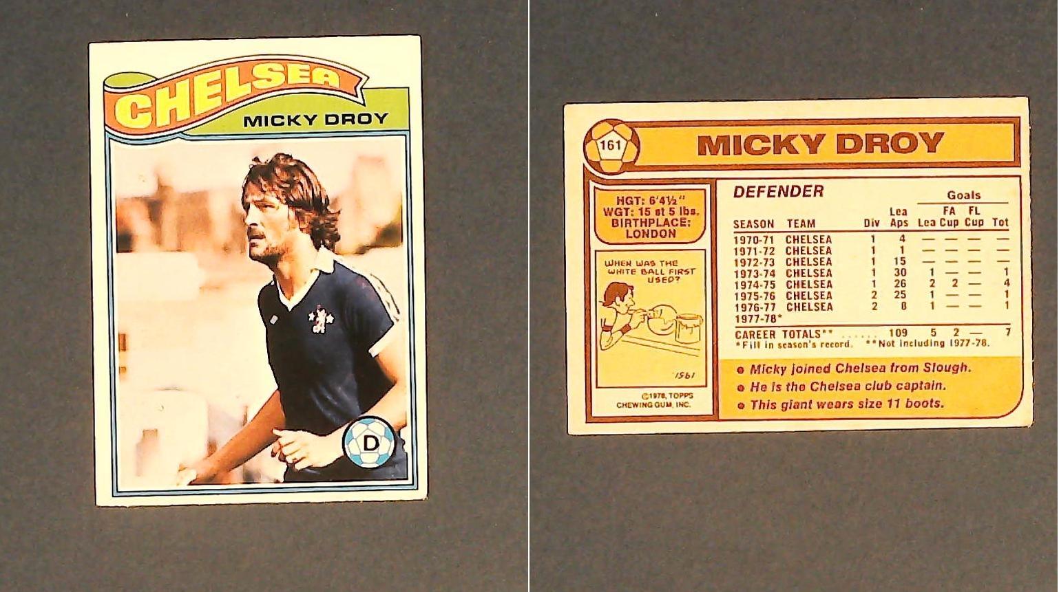 Topps Chewing Gum Orange Back Football Cards - 1978 No 161 Micky Droy Chelsea Topps Chewing Gum Orange Back Football Cards - 1978 No 161 Micky Droy Chelsea