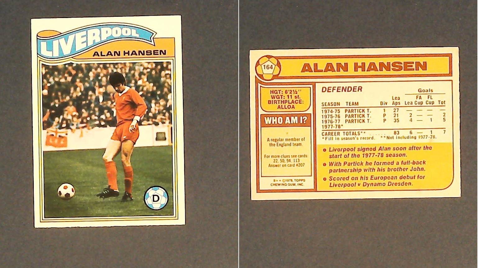 Topps Chewing Gum Orange Back Football Cards - 1978 No 164 Alan Hansen Liverpool Topps Chewing Gum Orange Back Football Cards - 1978 No 164 Alan Hansen Liverpool